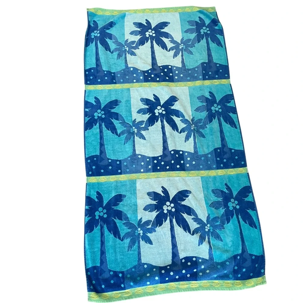Vintage Welspun Beach Towel 100% Cotton Blue Lime Green 70s Made In India